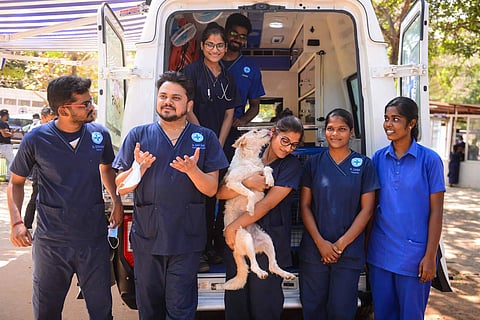 Blue Cross members with the country's first fully equipped mobile ambulance for on-site treatment of street animals. (Photo| Debadatta Mallick, EPS)
