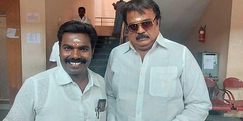 DMDK candidate Paramajothi along with Narayanan of Madurai at the Pudukkottai election office on Wednesday | Express