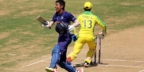 India U-19 skipper Yash Dhull celebrates his ton against Australia (Photo| Twitter/ @BCCI)