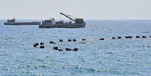 The construction of the breakwater at Poonthura has taken off and the installation of geotubes has already begun | B P Deepu
