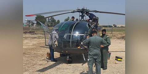 The helicopter which made an emergency landing at Jagdevpur mandal in Siddipet district. (File photo)
