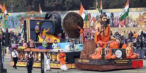 The Ministry of Education's 'Vedas to Metaverse' tableau at 73rd Republic Day. (Photo| Twitter)