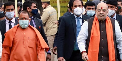 Union Home Minister Amit Shah (R) with Uttar Pradesh Chief Minister Yogi Adityanath. (Photo| ANI)