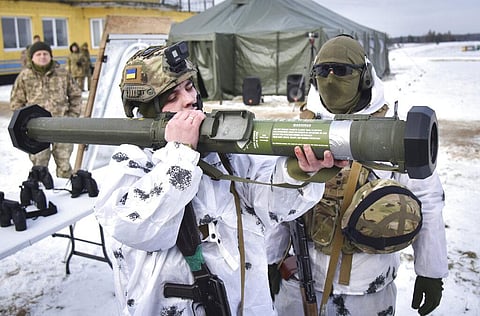 Ukrainian soldiers train for the use of US M141 Bunker Defeat Munition (SMAW-D) missiles at the Yavoriv military training ground. (Photo | AP)