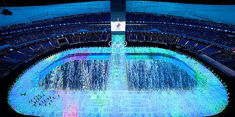 Athletes from Russian Olympic Committee arrive during the opening ceremony of the 2022 Winter Olympics. (Photo | AP)