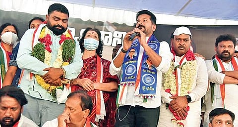 TPCC chief A Revanth Reddy speaks during a deeksha organised in protest against KCR’s remarks on Constitution at Gandhi Bhavan in Hyderabad on Friday. (File photo)