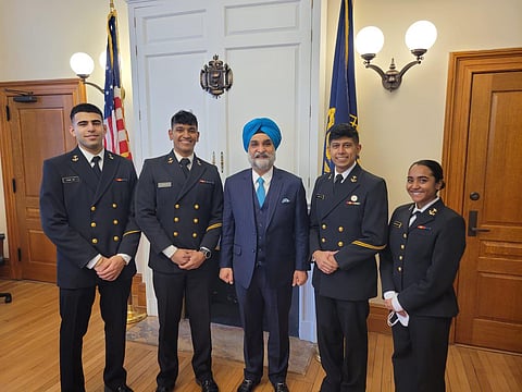 India's Ambassador to the United States Taranjit Singh Sandhu  meeting young officers of Indian descent at the US Naval academy( Photo | Twitter)