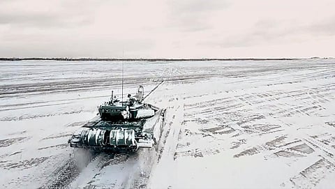 A tank drives during a Russian and Belarusian joint military drills at Brestsky firing range, Belarus. (Photo |AP)