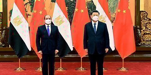 Chinese President Xi Jinping, right, meets with Egyptian President Abdel Fattah el-Sisi at the Great Hall of the People in Beijing, China, Saturday, Feb. 5, 2022. (Photo | AP)