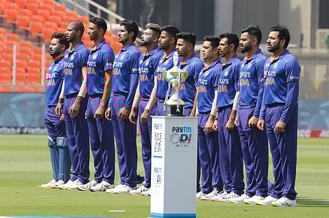 Indian cricket team singing the national anthem at the beginning of their first ODI match against West Indies, Feb 6, 2022. (Photo | Twitter, BCCI)