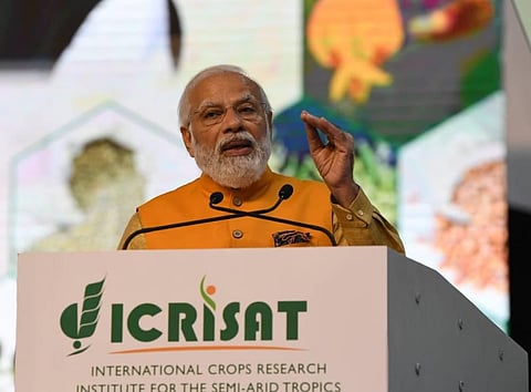 Prime Minister Narendra Modi at 50th Anniversary Celebrations of ICRISAT, Hyderabad on Saturday. (Photo | EPS)