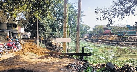 Restoration work on Hemsagar Pokhari underway. (Photo | Express)