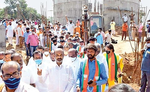 BJP State president Bandi Sanjay Kumar inspects the ongoing work on the 125-ft tall BR Ambedkar statue along with  party leaders in Hyderabad on Sunday.