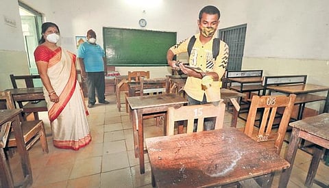 The classroom of a school being sanitised on Sunday. (Photo I Irfana)