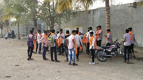 The students with saffron shawls were prevented from entering college in Indi on Monday. (Photo | EPS)