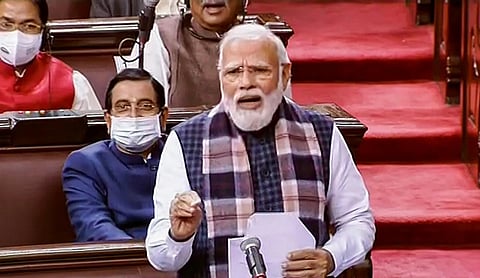 Prime Minister Narendra Modi speaks in the Rajya Sabha, during the ongoing Budget Session of Parliament, in New Delhi, Tuesday. (Photo | PTI)