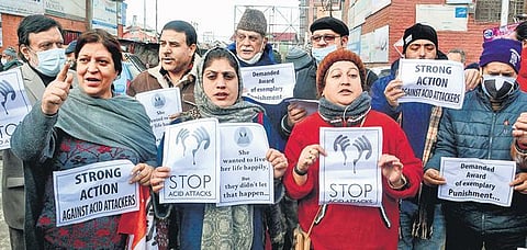 Congress leaders protest against the acid attack in Srinagar on Monday | PTI