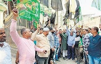 A group of Muslim men stage a protest in front of the Telangana Waqf Board on Tuesday against the demolition of a masjid at Shamirpet on Monday 