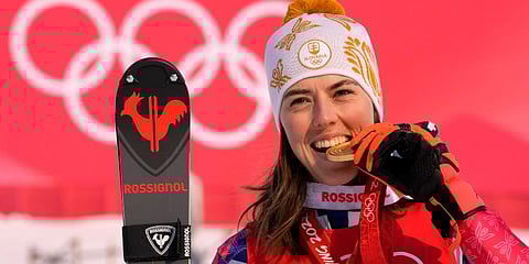 Petra Vlhova, of Slovakia celebrates during the medal ceremony after winning the gold medal in the women's slalom at the 2022 Winter Olympics in the Yanqing district of Beijing. (Photo | AP)