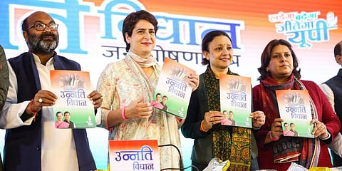 Congress general secretary Priyanka Gandhi Vadra launches the party manifesto for 2022 Uttar Pradesh polls. (Photo| Twitter)