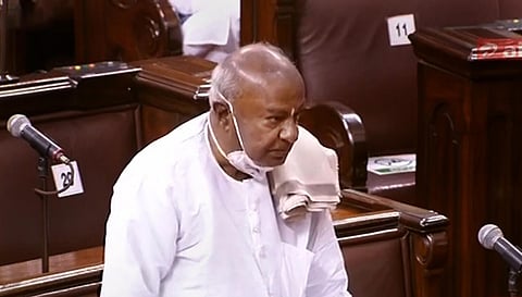 JDS supremo HD Deve Gowda speaks at Rajya Sabha during the ongoing Budget Session of Parliament, in New Delhi. (Photo | PTI file)
