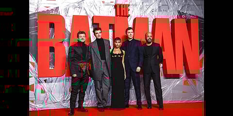 Andy Serkis, from left, Robert Pattinson, Zoe Kravitz, Paul Dano and Jeffrey Wright upon arrival for the screening of the film 'The Batman' in London , Feb. 23, 2022(Photo | AP)