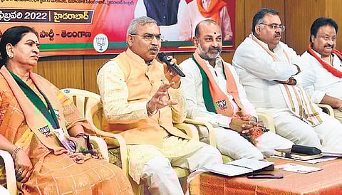 BJP’s Joint National General Secretary Shiv Prakash speaks during the party’s zonal meeting at Barkatpura in Hyderabad on Monday, Feb 28, 2022. (Photo | EPS, Vinay Madapu)