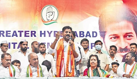 TPCC president and Congress MP A Revanth Reddy addresses the gathering at the digital membership review meeting of Secunderabad LS segment on Monday | RVK Rao