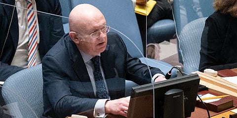 Vasily Nebenzya, Russian ambassador to the United Nations, speaks during a meeting of the security council, Monday, Feb. 28, 2022, at United Nations headquarters. (Photo | AP)