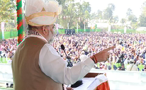 Union Home Minister Amit Shah addressing an election rally in Thoubal which is represented by Congress leader and ex-CM Okram Ibobi Singh, on Tuesday. (Photo | Twitter)