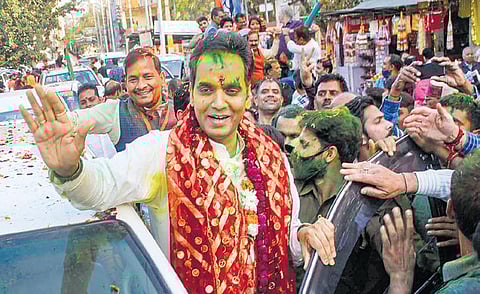 BJP’s Pankaj Singh celebrates his victory in Assembly polls in Noida (Photo | PTI)