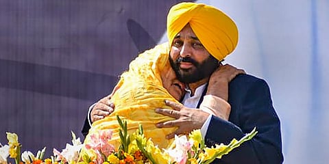 AAP's Chief Ministerial candidate Bhagwant Mann during celebration of the party's victory in Punjab Assembly elections, in Sangrur. (Photo | PTI)