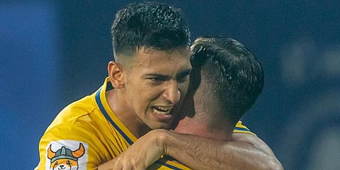 Kerala Blasters' Sahal Abdul celebrates along with Alvaro Vazquez Gracia after scoring against Jamshedpur FC in the first leg of ISL semis. (Photo | ISL)