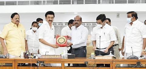 Karur District Collector T Prabhushankar receiving an award from Chief Minister MK Stalin in Chennai on Saturday. ( Photo | EPS)