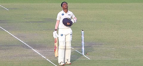 Jharkhand's Kumar Kushagra after his century on March 12, 2022 against Nagaland on the first day of their Ranji Trophy clash. (Photo | Twitter, BCCI Domestic)