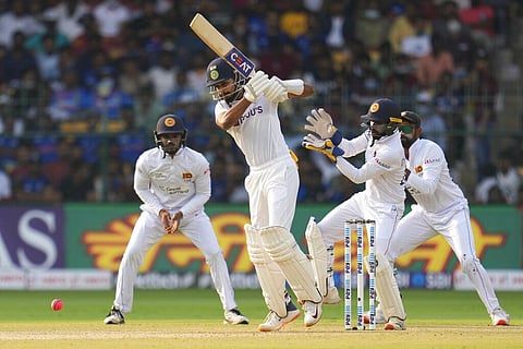 Shreyas Iyer plays a shot during the first day of the second cricket test match between India and Sri Lanka in Bengaluru. (Photo | AP)