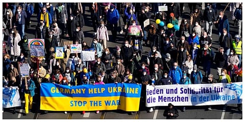 People attend a pro-Ukraine protest rally in Berlin, Germany, Sunday, March 13, 2022. (Photo | AP)
