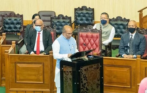Caretaker Chief Minister N Biren Singh taking oath as an MLA. (Photo | EPS)
