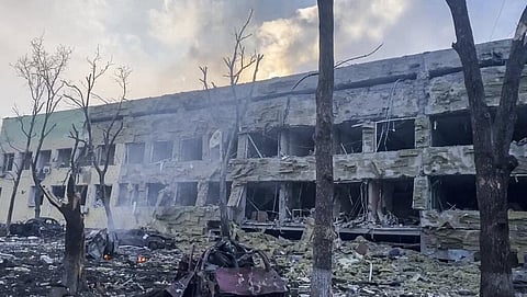 This image taken from video issued by Mariupol City Council shows the aftermath of Mariupol Hospital after an attack, in Mariupol on March 9, 2022(Photo | AP)