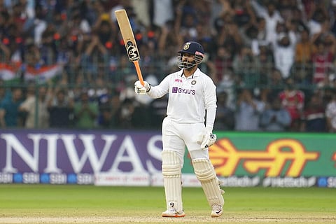 India's Rishabh Pant celebrates scoring fifty runs during the second day of the second cricket test match between India and Sri Lanka. (Photo | AP)