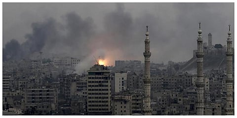 A ball of fire rises following a Syrian government air strike that hit rebel positions in the eastern neighborhoods of Aleppo, Syria, Monday, Dec. 5, 2016.  (Photo | AP)