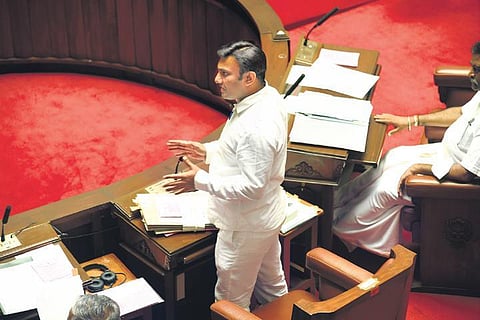 Health Minister K Sudhakar makes a point in the Council on Monday | nagaraja gadekal