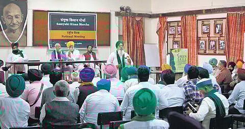 The SKM’s meeting at Gandhi Peace Foundation on Monday. (Photo | Shekhar Yadav/EPS)
