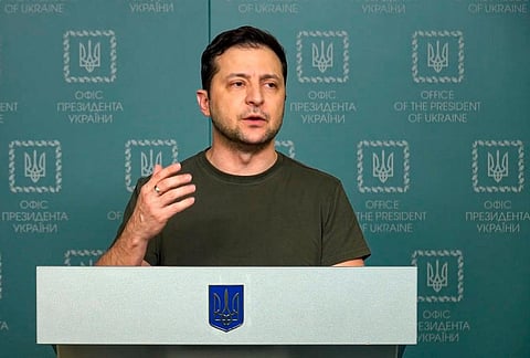 Ukrainian President Volodymyr Zelenskyy speaks to the nation in Kyiv, Ukraine. ( Photo | AP)