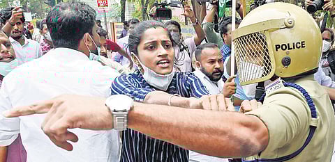 Police try to block Youth Congress activists during their protest march to the assembly on Wednesday in protest against the alleged attack by SFI  on KSU workers at Government Law College in Thiruvana