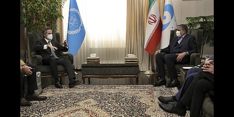 International Atomic Energy Organization, IAEA, Director General Rafael Mariano Grossi, left, speaks with Head of Atomic Energy Organization of Iran Mohammad Eslami during their meeting.(File | AP)