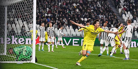 Villarreal's Pau Torres celebrates after a goal during a Champions League match against Juventus at the Allianz stadium in Turin. (Photo| AP)