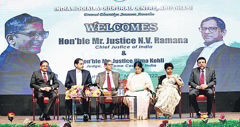 CJI NV Ramana and Justice Hima Kohli (2nd from right) at the event in Abu Dhabi. (Image | Special Arrangement)