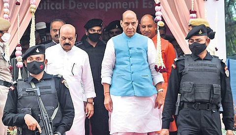 Defence Minister Rajnath Singh, accompanied by CM Basavaraj Bommai, arrives to inaugurate the Flight Control System Complex in Bengaluru