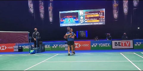 Treesa Jolly and Gayatri Gopichand  celebrating their victory in the match.(Photo | Twitter Screengrab)